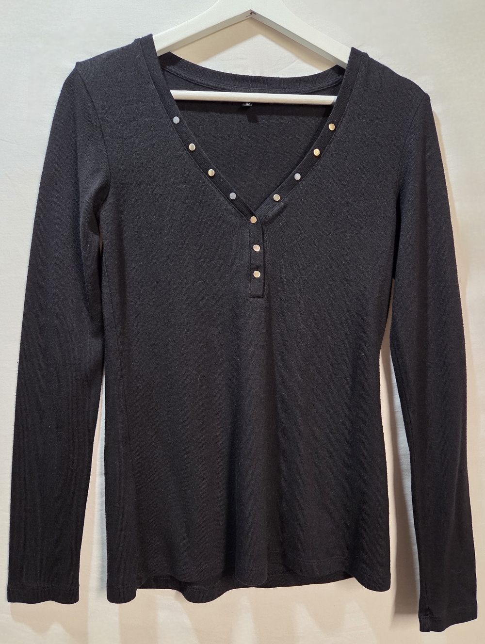 Dynamite Black Henley V Neck Long Sleeve Mixed Metal And Stone Stud Detail Sz S